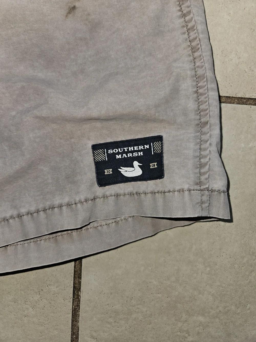 Southern Marsh Kids Taupe Swim Trunks with White Drawstring